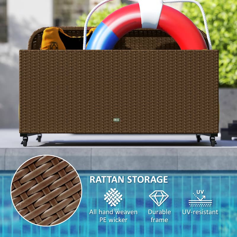 Outdoor Pool PE Rattan Float Storage Organizer with Three Sections and Wheels Steel Frame - 43.25" L x 36.8" W x 29.5" H