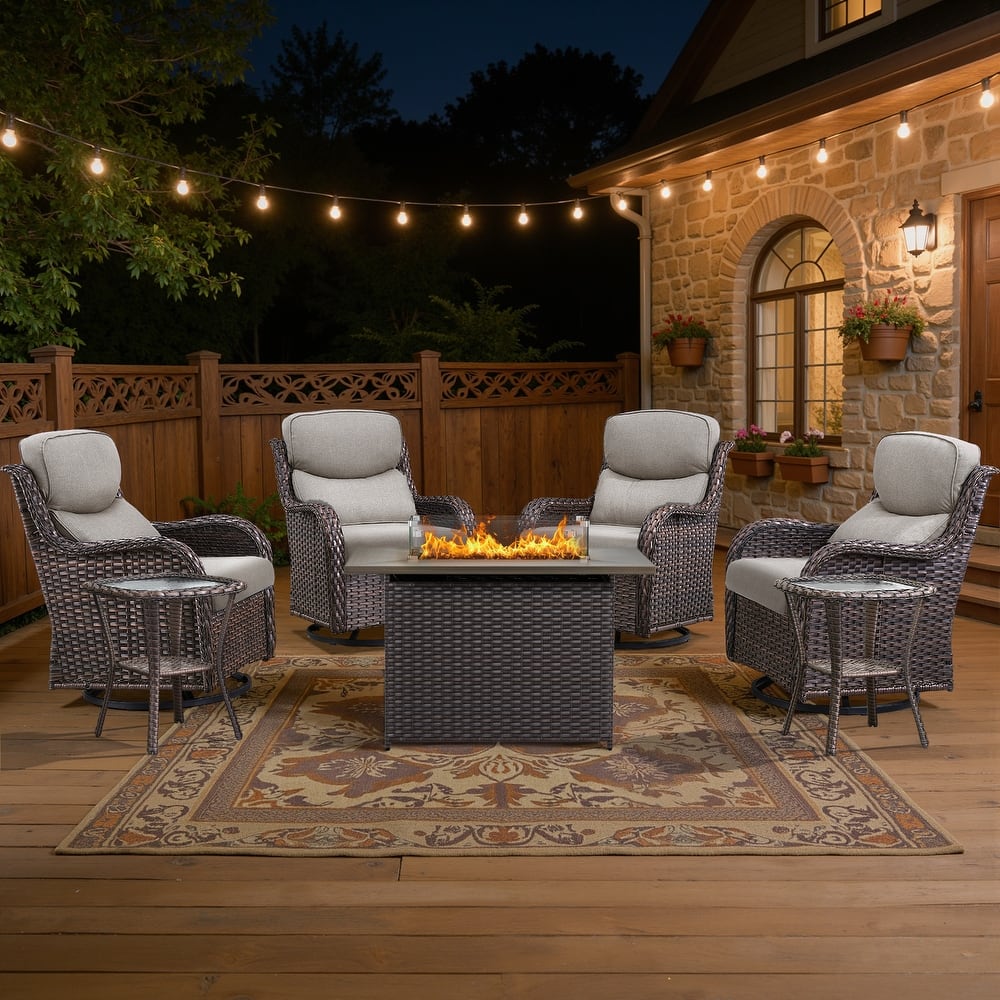Meyreso 7-Piece Outdoor Patio Wicker Fire Pit 4 person Conversation Set with 5-Inch Thick Cushions