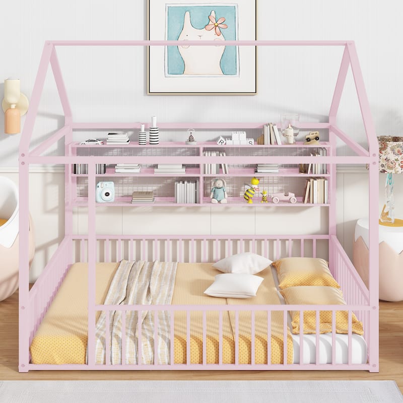 Full Metal House Bed Frame with Storage Shelves & Fence