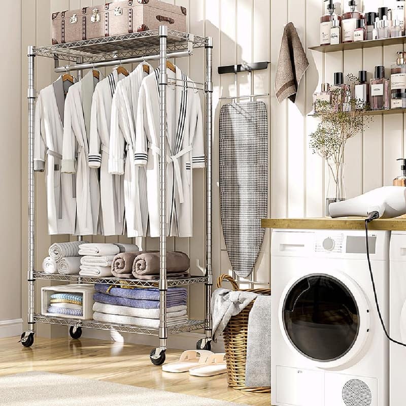 Heavy Duty Rolling Garment Rack with Wheels, 3-Tier Adjustable Wire Shelving, Clothes Rack with Rods & Side Hooks