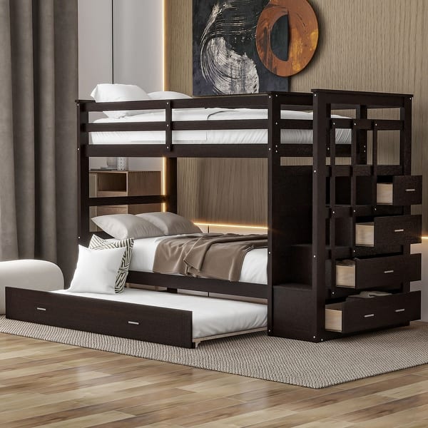 slide 2 of 52, Twin Over Twin Wood Bunk Bed with Trundle and Staircase Brown
