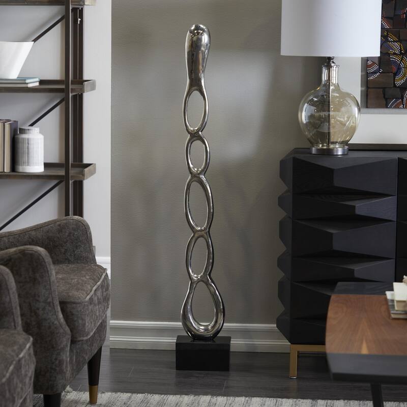 Aluminum Metal Abstract Tall Linked Floor Decorative Sculpture with Black Base - Black, Gold, Silver - Roche River Decor