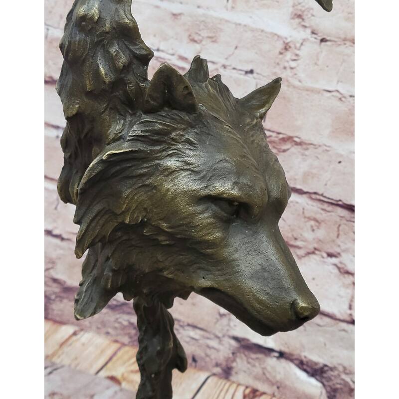 Howling Wolves Bronze Sculpture – Striking Dual Imitative Wolf Heads On Marble Base