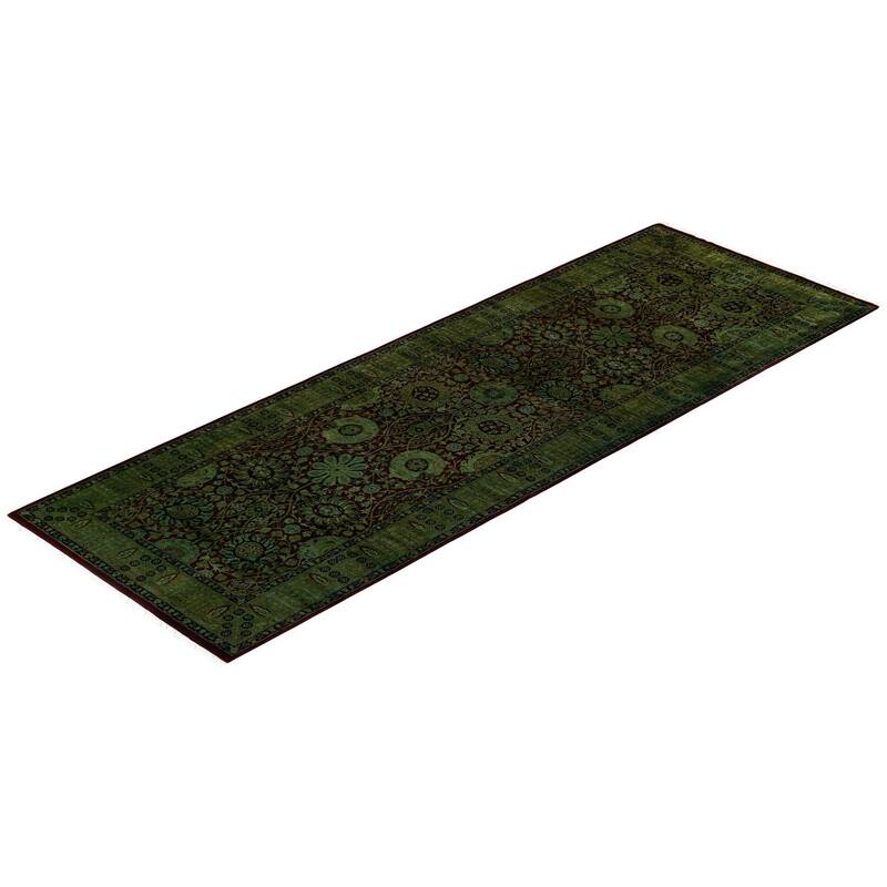 Overton Handknotted Wool Contemporary Overdyed Green Runner