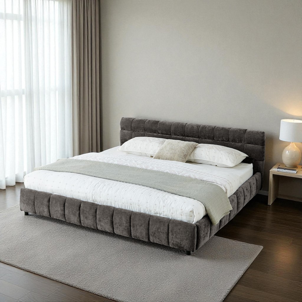 California King Upholstered Bed Frame with Chenille Fabric Headboard and Underbed Storage Drawers Modern Platform Bed