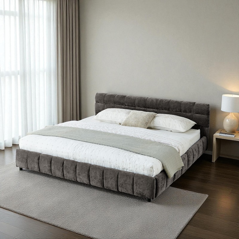 California King Upholstered Bed Frame with Chenille Fabric Headboard and Underbed Storage Drawers Modern Platform Bed - Dark Grey - California King