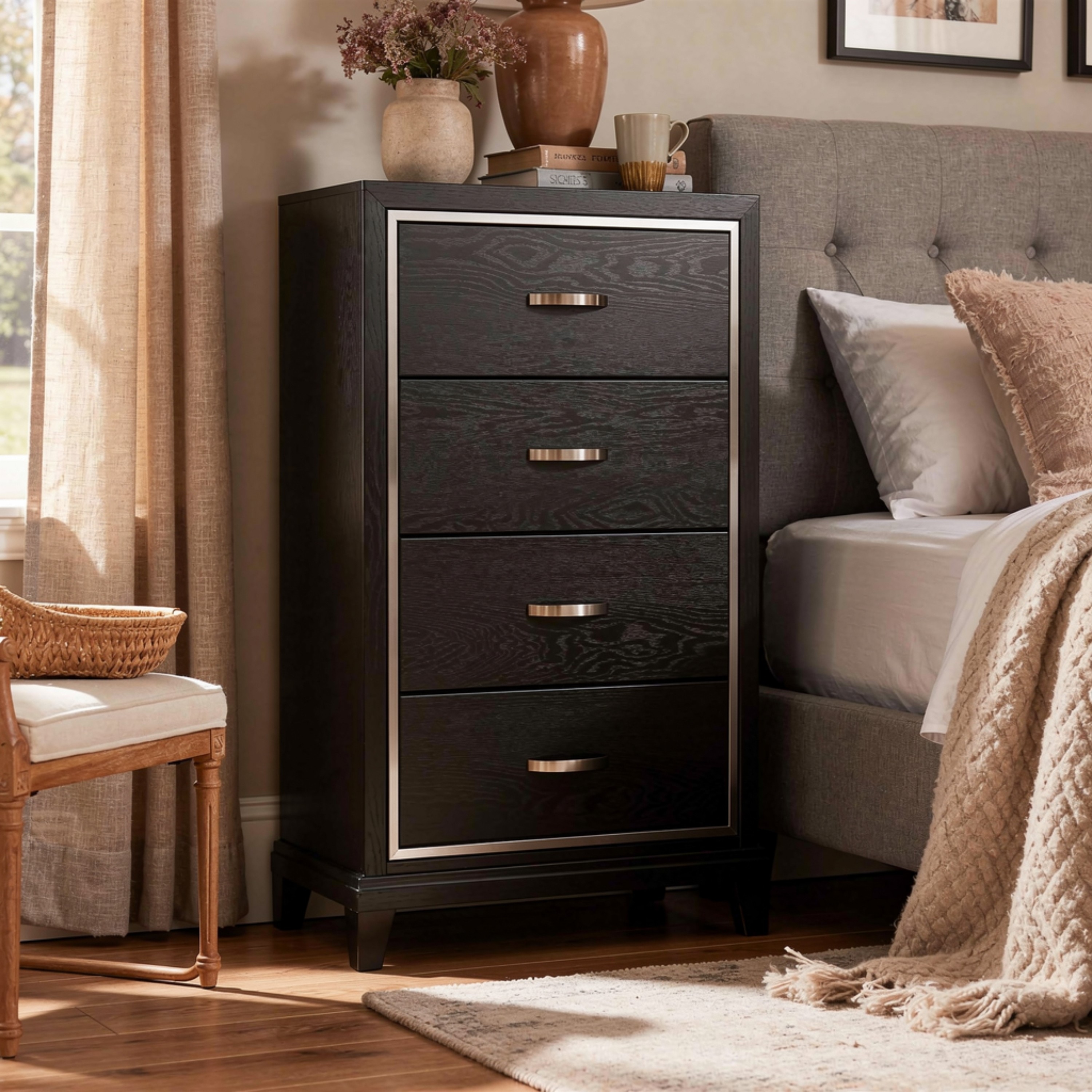 black and silver dresser Winado 4 Drawer Particle Board with Handles in the Dressers department at Classic design with touches of modern aspects makes this Haiden Dresser ideal for any bedroom Furniture of America Balistrieri Contemporary