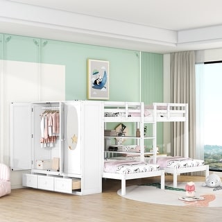 L-Shaped Wooden Triple Bunkbed Frame Full-Over-Twin-Twin Bed w/ Wardrobe, Mirror, Drawers & Storage Shelves for 3 Kids Teens