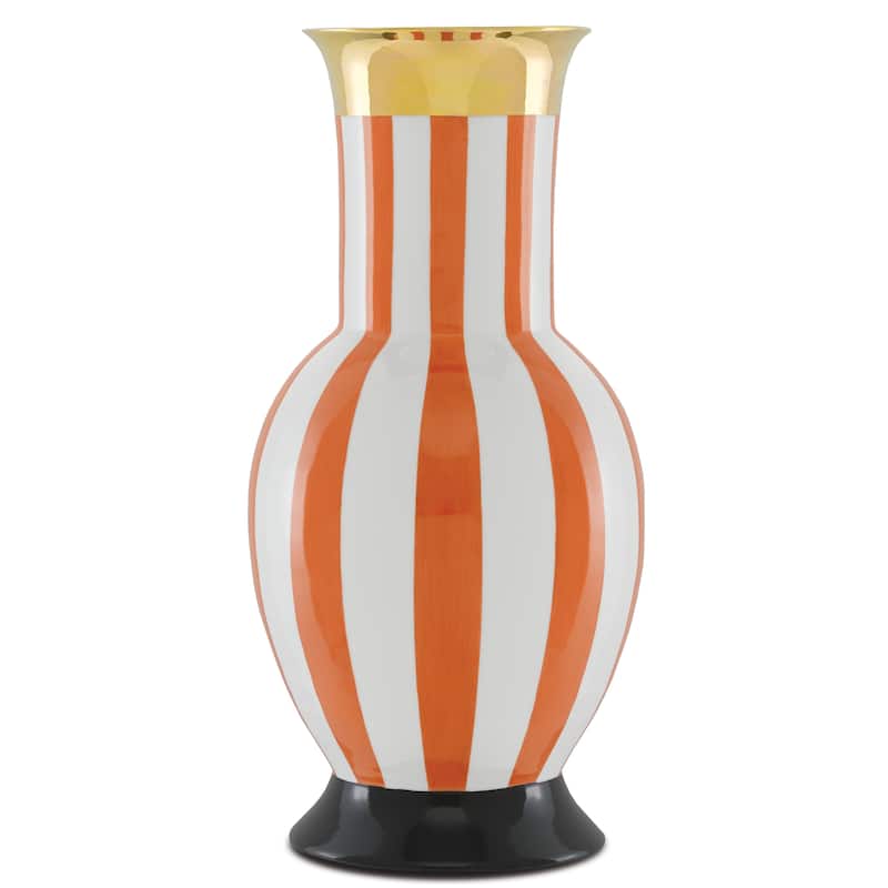 Currey & Company De Luca Coral Stripe Large Vase - Orange/White/Gold/Black