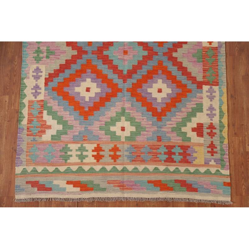 Hand Woven Oriental 100% Wool Carpet Southwestern Geometric Multi-Colored Kilim Area Rug - 6' 6'' X 4' 8''