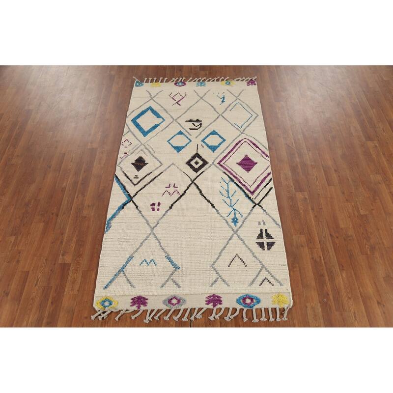 Striped Ivory Moroccan Oriental Area Rug Handmade Wool Carpet - 3'10"x 6'11"