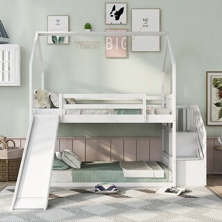 Twin over Twin House Bunk Bed with Slide and Storage Staircase - Bed ...