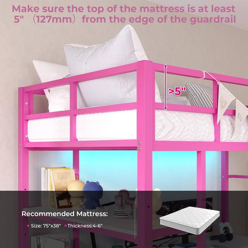 Loft Bed with L-Shaped Desk Charging Station Metal LED Lights 3 Fabric Drawers