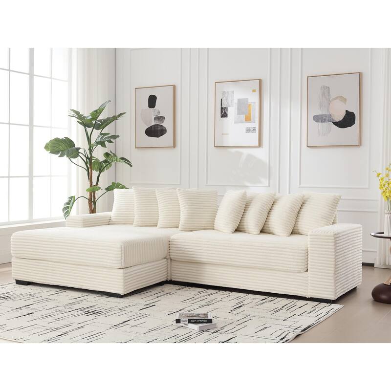 L Shaped Modular Sectional Sofa with Chaise, Oversized Corduroy Upholstered Sleeper Sofa, Floor Corner Sofa with Throw Pillows