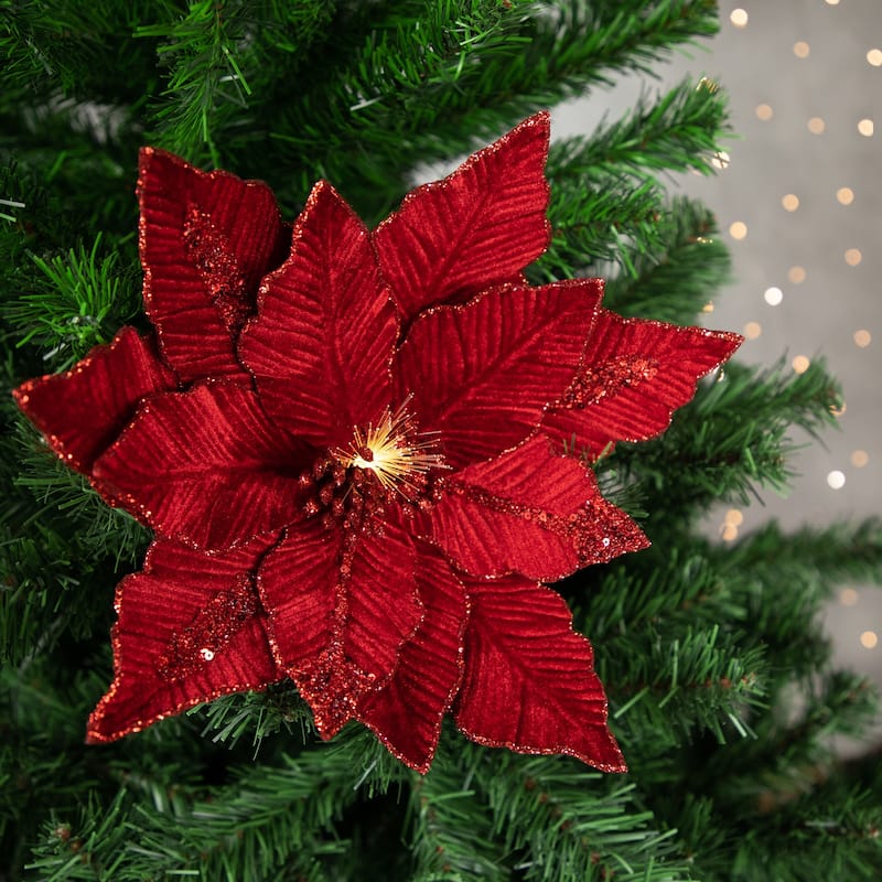 20" Lighted Red Glittered Velvet Christmas Poinsettia Floral Pick - 20