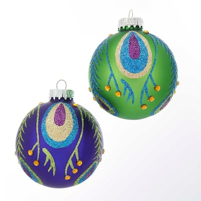 Kurt Adler 80MM Peacock Glass Ball Ornaments, 6-Piece Box; 2 Assorted Ornaments - 3.15"