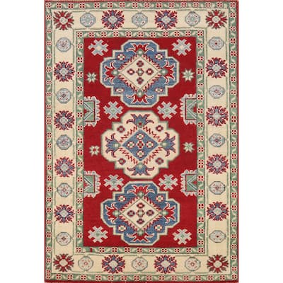 Red Kazak Foyer Rug Handmade Geometric Oriental Wool Carpet - 2'9"x 3'9"