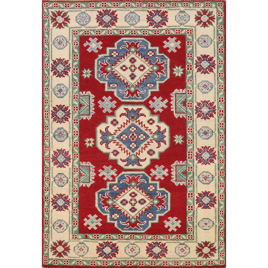 Red Kazak Foyer Rug Handmade Geometric Oriental Wool Carpet - 2'9"x 3'9"
