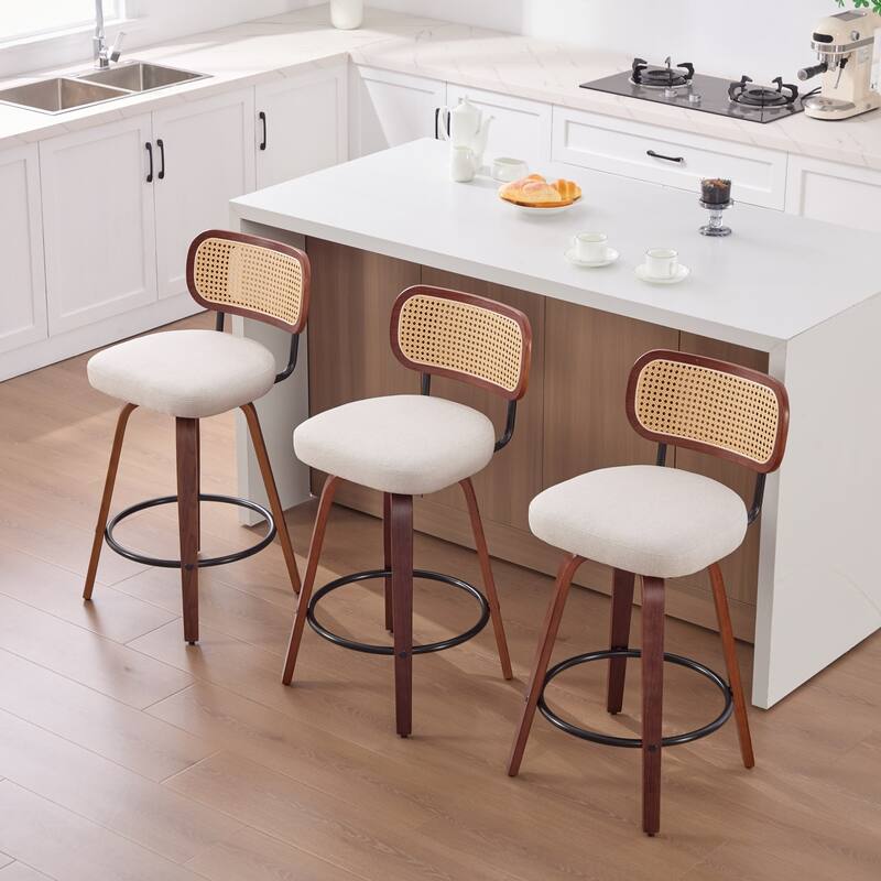 Roomfitters Upholstered Swivel Bar Stools Set of 3 with Rattan Back and Wood Legs, Modern Counter Height Dining Chairs