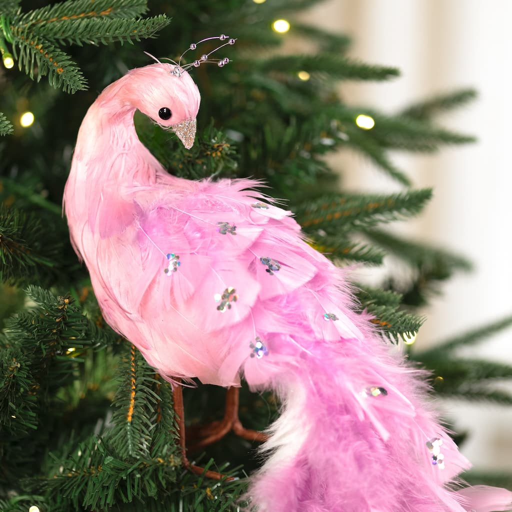 Glittered and Jeweled Peacock Christmas Decoration with Mini Faux Pearls - 22" - Pink