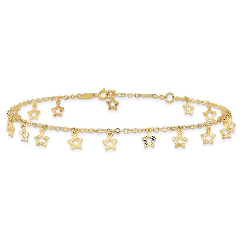 Curata Women's 14k Gold Polished and Textured Star Anklet - 10 Inch