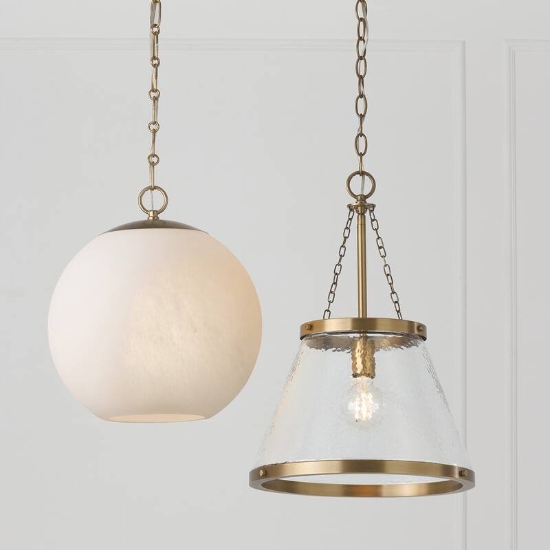 13.75" W x 15.25" H 1-Light Globe Pendant in Matte Brass with Faux Alabaster Glass and Alternating Loop Designer Chain