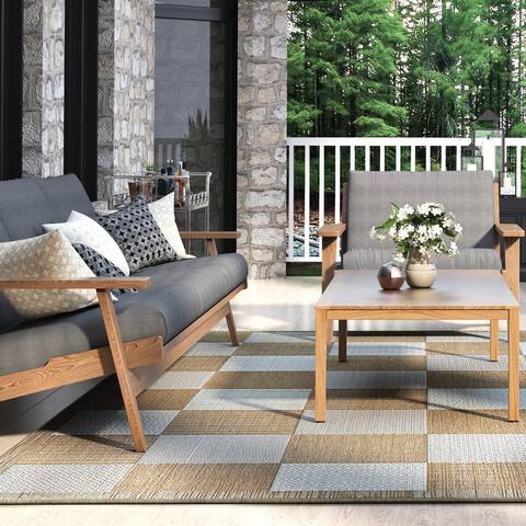 Sebille Checkered Block Light Brown- Ivory Indoor/ Outdoor Area Rug