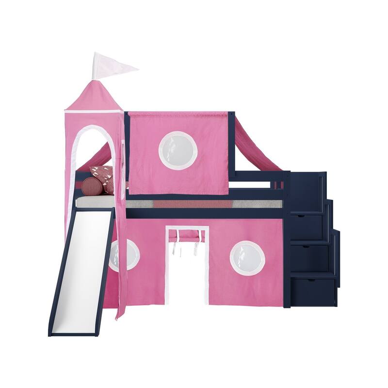 JACKPOT Prince & Princess Low Loft Twin Bed, Stairs Slide Tent & Tower