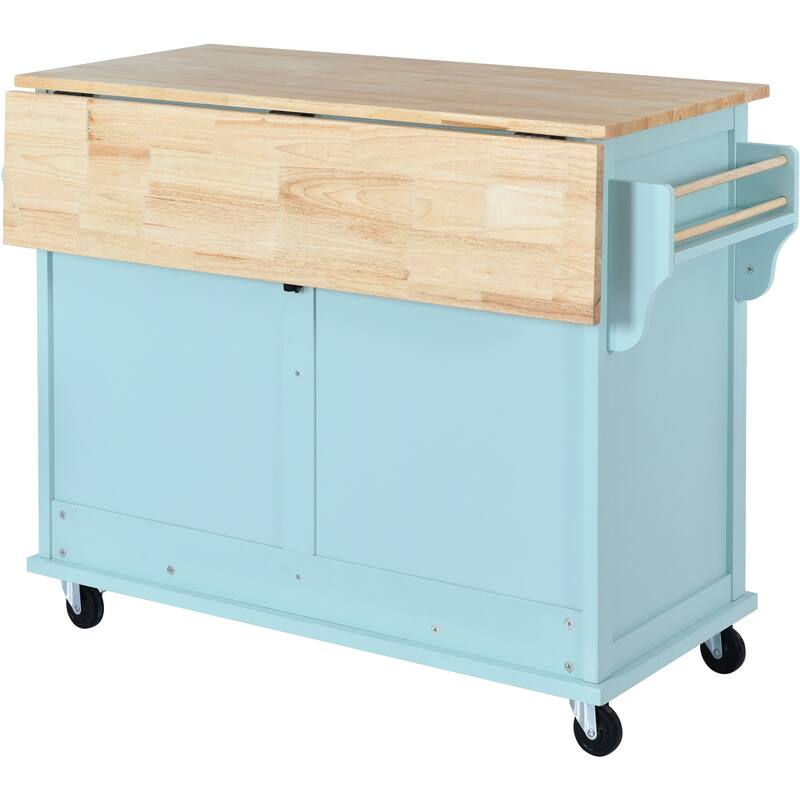 Rolling Kitchen Island with Drop-Leaf Countertop, Adjustable Shelves, 2 Drawers & Sliding Barn Door - Mint Green