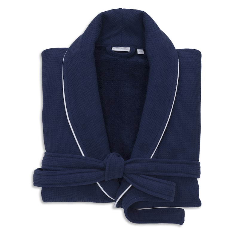 Authentic Hotel Spa Unisex Turkish Cotton Waffle Weave Terry Bath Robe - Small/Medium - Navy