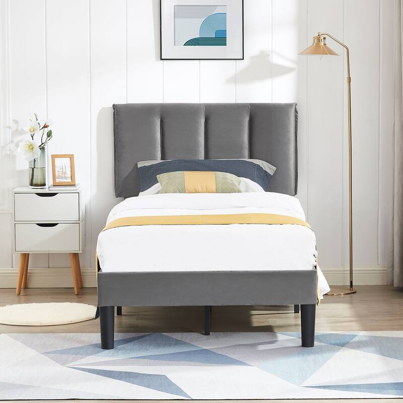 VECELO, Five Colors, 3-Pieces Tufted Upholstered Platform Bed Frame with Adjustable Height Headboard and Nightstands Set of 2
