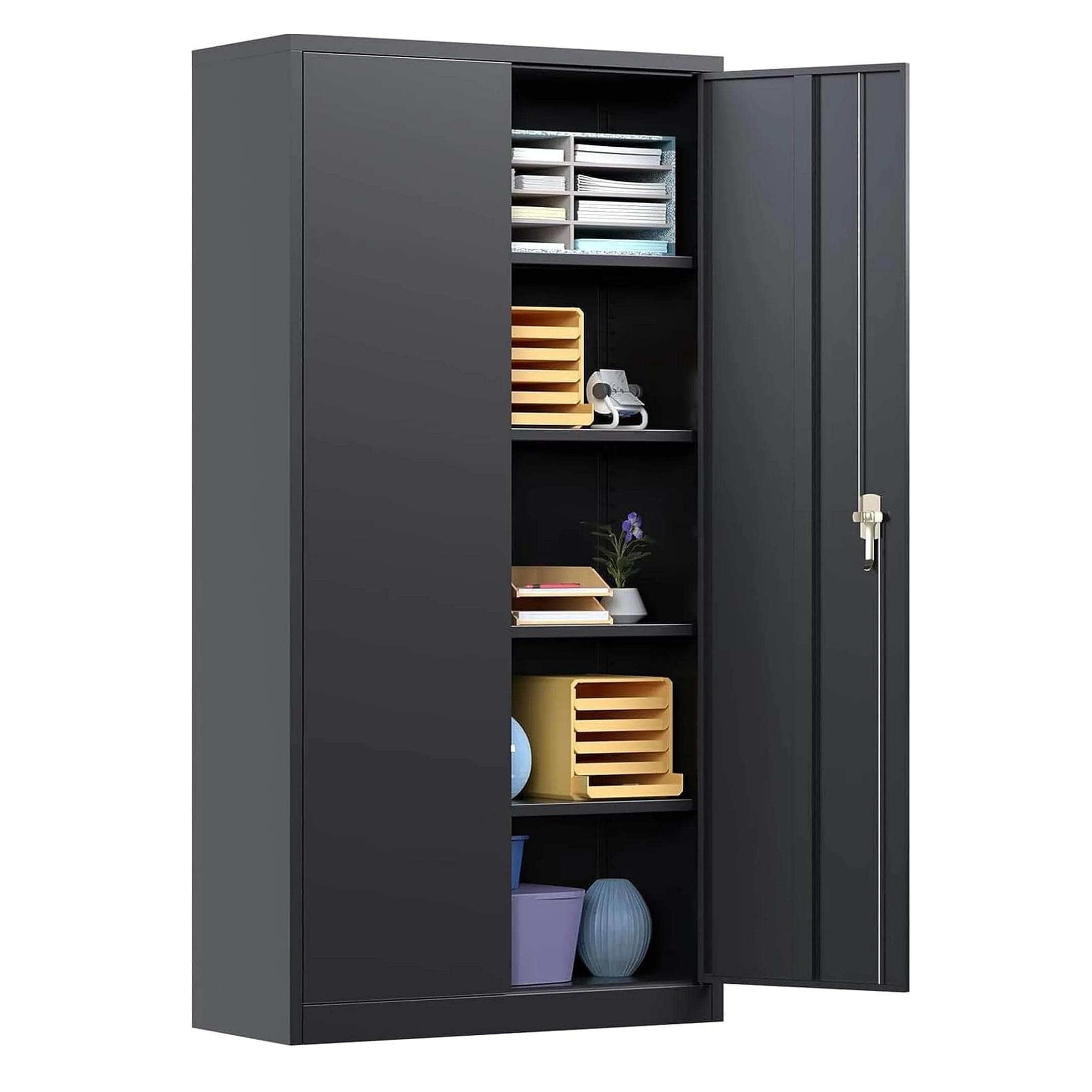 Metal Storage Garage Cabinets with Locking Doors and Adjustable Shelves, 72  inch Tall Storage Cabinet for Office, Home (Black) 