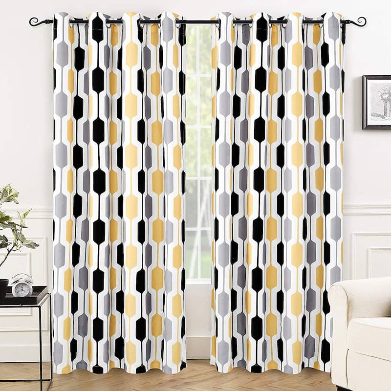 DriftAway Riley Geo Pattern Mid Century Lined Blackout Grommet Window Curtain Panel Pair - 52" width x 84 " length - Gold/Black/Gray