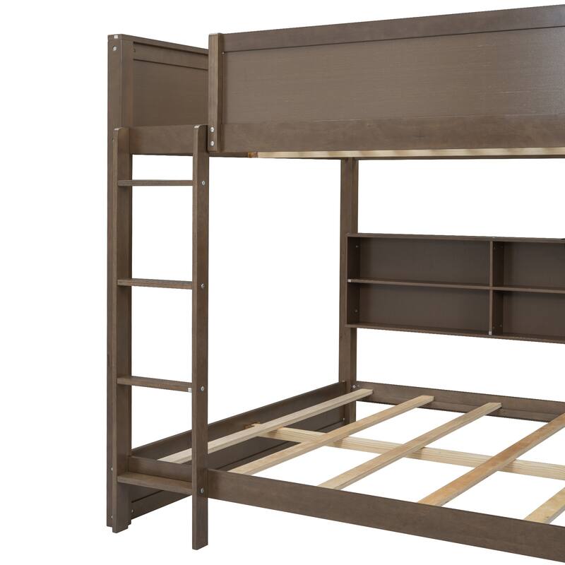 Queen Over Queen Bunk with Built-in Charging Ports, Shelving & Guardrails, Wood Construction