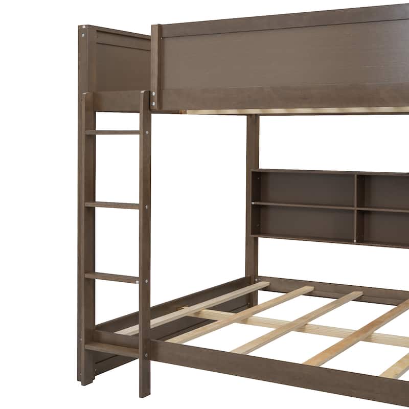 Queen over Queen Bunk Bed with Storage Cabinets, USB Ports, Antique Wood Finish