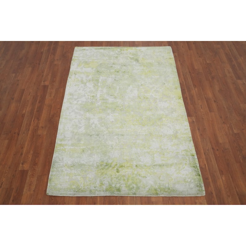 Hand Knotted Oriental Viscose Silk Carpet Modern Floral Green Abstract Area Rug - 6' 3'' X 4' 1''