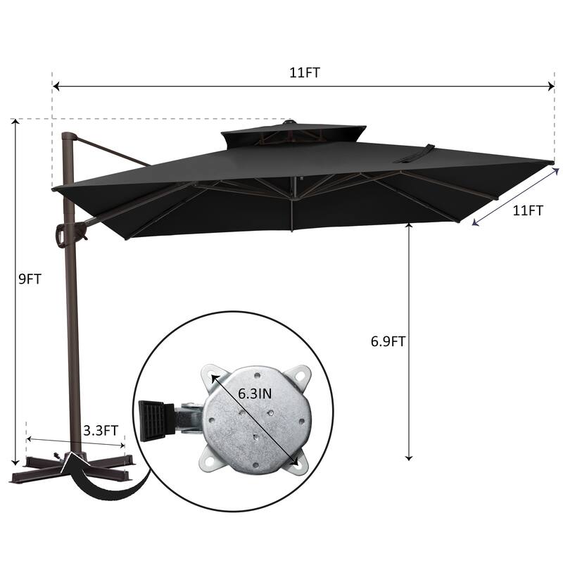11 ft Square Patio Cantilever Offset Umbrella Double Top with Offset Base