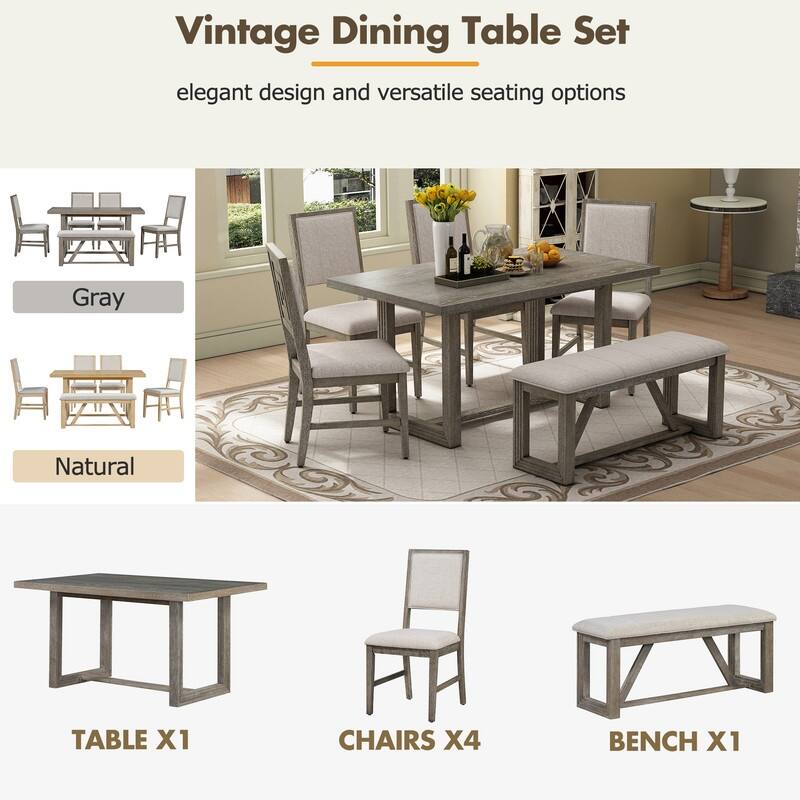 Spruce & Spring Dining Table Set for 6, 6-Piece Mid Century Modern Farmhouse Table with Chairs and Bench