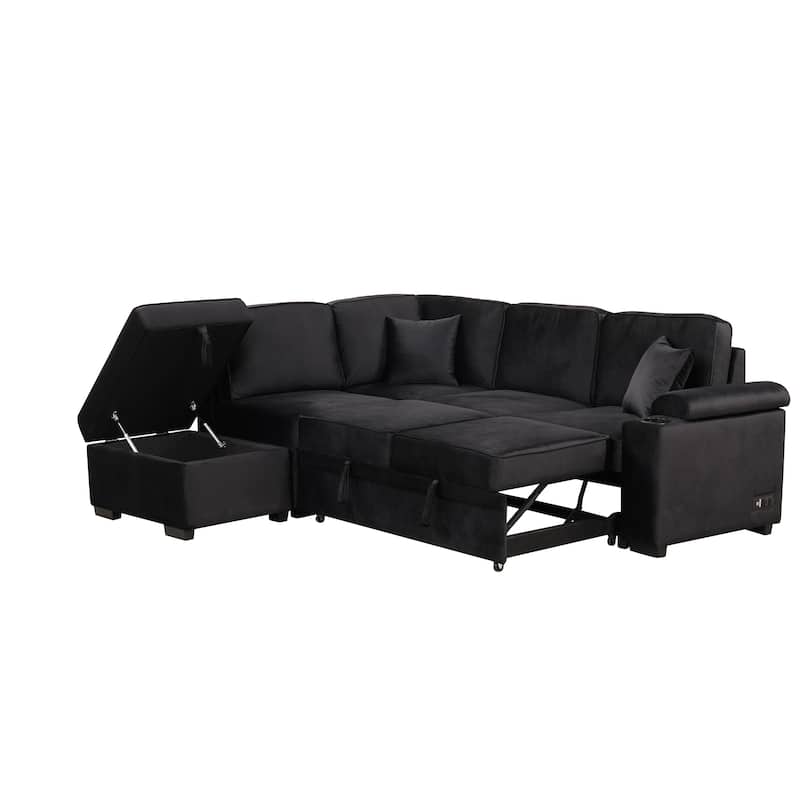 84.75'' L-Shaped 5 Seater Sectional Sleeper Sofa Bed with Storage Ottoman and Pull-Out Bed, Perfect for Living Room