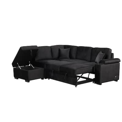 Black 87.4" Convertible L-Shape Sleeper Sofa Bed with Pull-Out Bed, Storage Ottoman