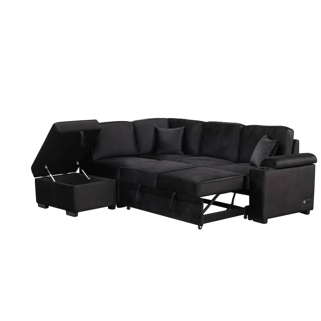 Black 87.4" Convertible L-Shape Sleeper Sofa Bed with Pull-Out Bed, Storage Ottoman