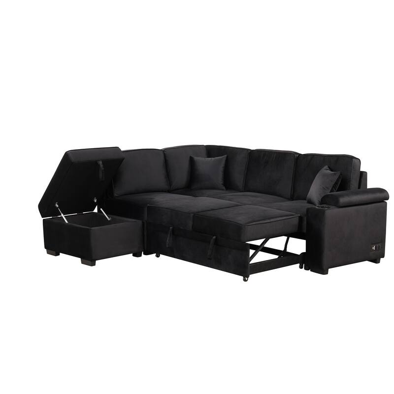 L-shape Black Folding Sleeper Couch Multifunctional 2-in-1 Sofa Bed with Storage Ottoman, Cup Holder, Pull Out Bed & USB Port