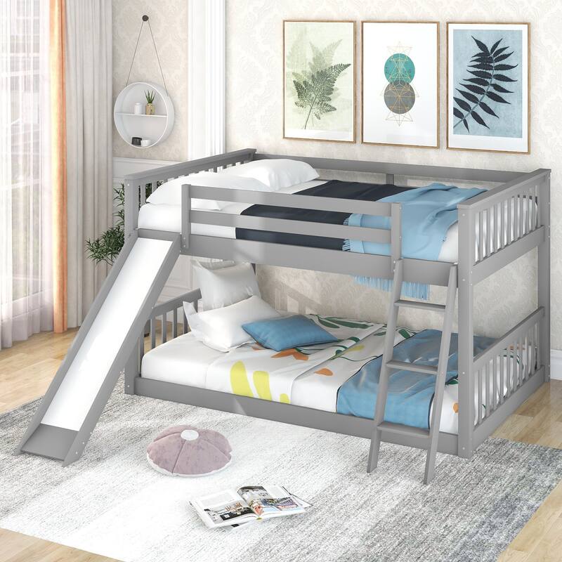 Full over Full/Twin over Twin Bunk Bed with Convertible Slide and Ladder, Pine Wood Frame, Space-Saving Design - Grey-Full - Full