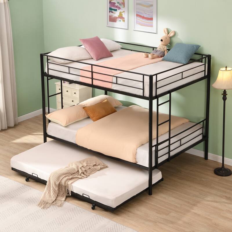 Full over Full Metal Bunk Bed with Trundle, No Box Spring Needed
