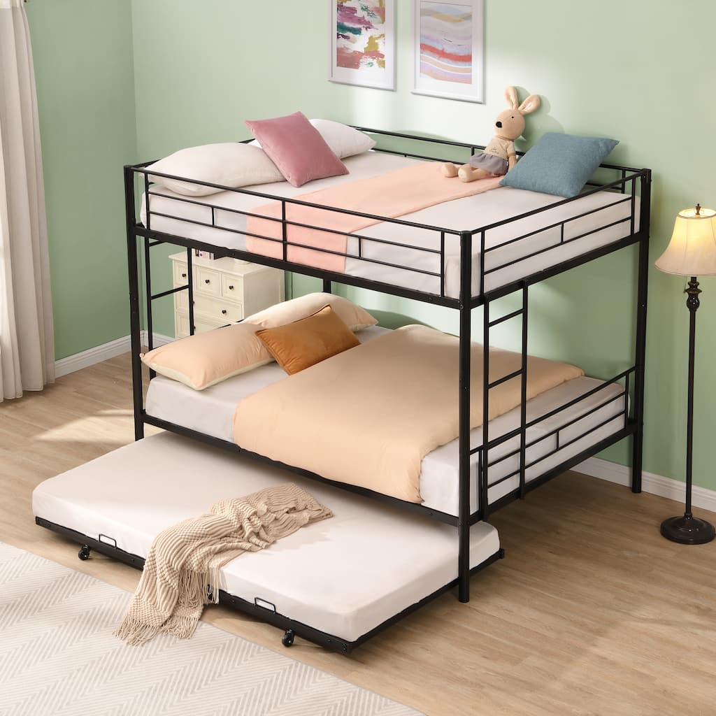Twin Over Twin Bunk Bed Heavy Duty Twin Beds Frame with Trundle and 2 Side Ladders