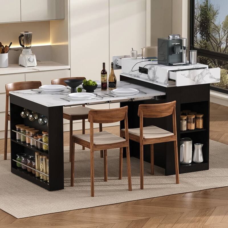 57.7" Kitchen Island with Extendable Top on Wheels, Kitchen Dining Table, Bar Table with Drawers and Power Outlet