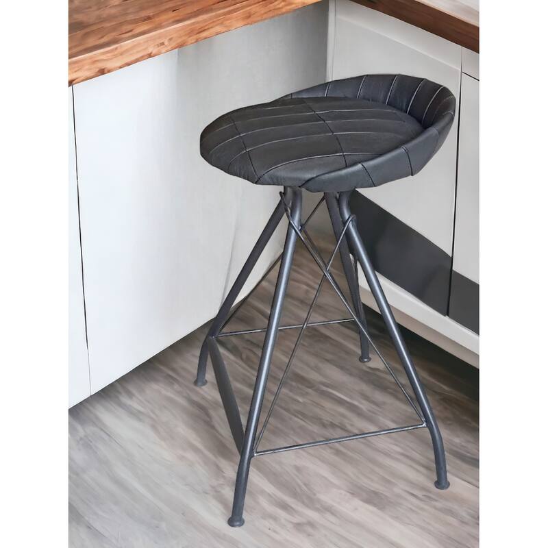 HomeRoots 24" Gray Leather And Iron Swivel Counter Height Bar Chair