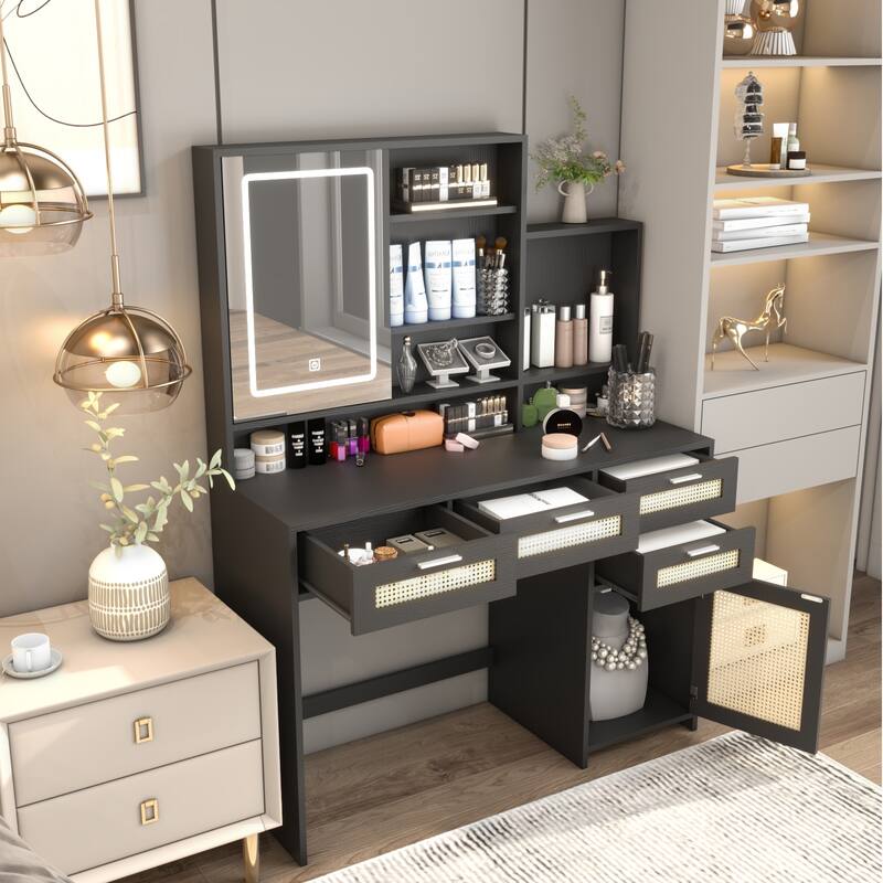Makeup Vanity with Lights in 3 Colors & Openable Mirror,Vanity Desk with 4 Drawers 1 Cabinets Shelves,Vanity Dresser - Black