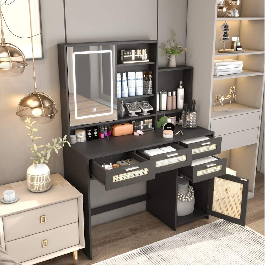 Makeup Vanity with Lights in 3 Colors & Openable Mirror,Vanity Desk with 4 Drawers 1 Cabinets Shelves,Vanity Dresser
