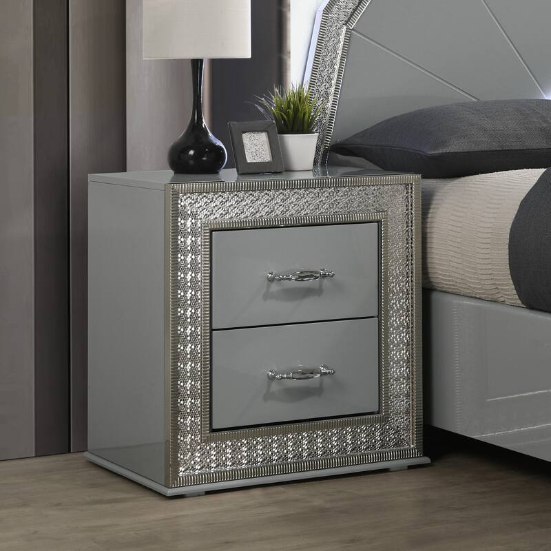 Furniture of America Rosdale Glam 5-Piece Metallic Grey Gloss Queen Platform Bedroom Set with LED Lighting